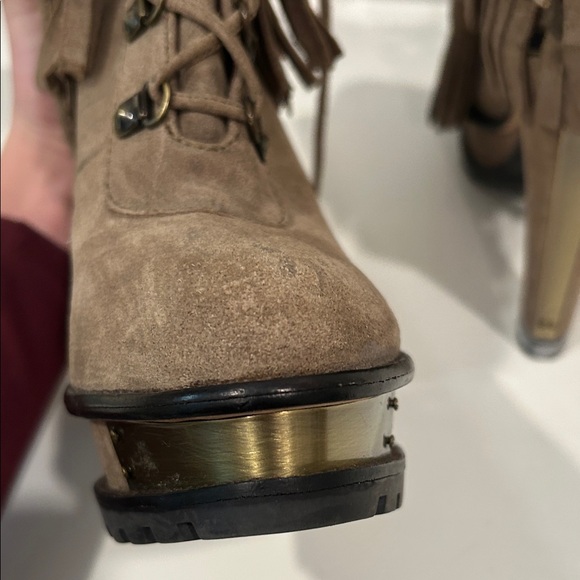 Brian Atwood Brown Fringed Heeled Boots w/ brass heel & toe plates - Picture 7 of 7